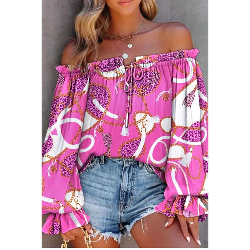 Plus Size Hot Pink Casual Off The Shoulder Fold Print Flare Sleeve Blouses