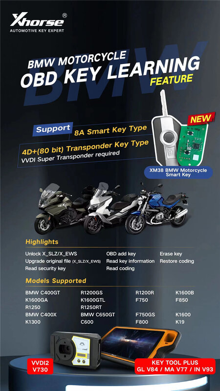 Xhorse-chave esperta para a motocicleta de BMW, XSBMM0GL, XM38, tipo chave esperto do apoio 8A, 4D 80 tipo chave do bocado