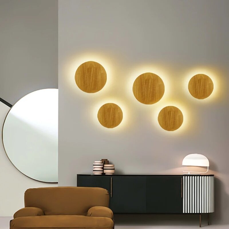 Lampada da parete moderna a LED lampada da parete circolare creativa in legno camera da letto comodino corridoio soggiorno sfondo parete luce decorativa