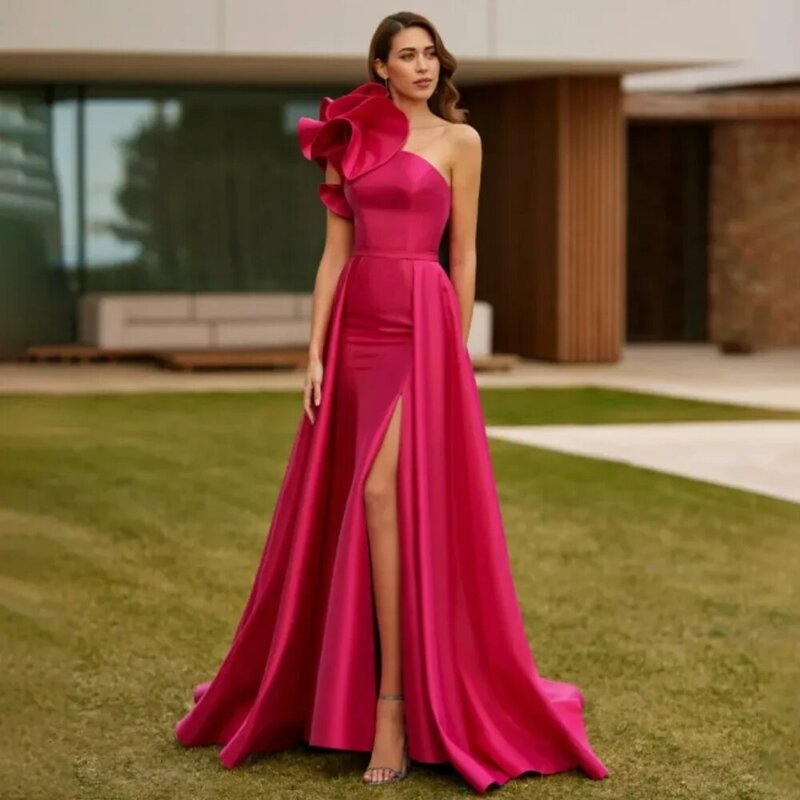 2024 nuovo vestito da sera fucsia una spalla Ruffles Split Satin a-line Prom abiti formali Robe De Soiree Vestidos De Feast