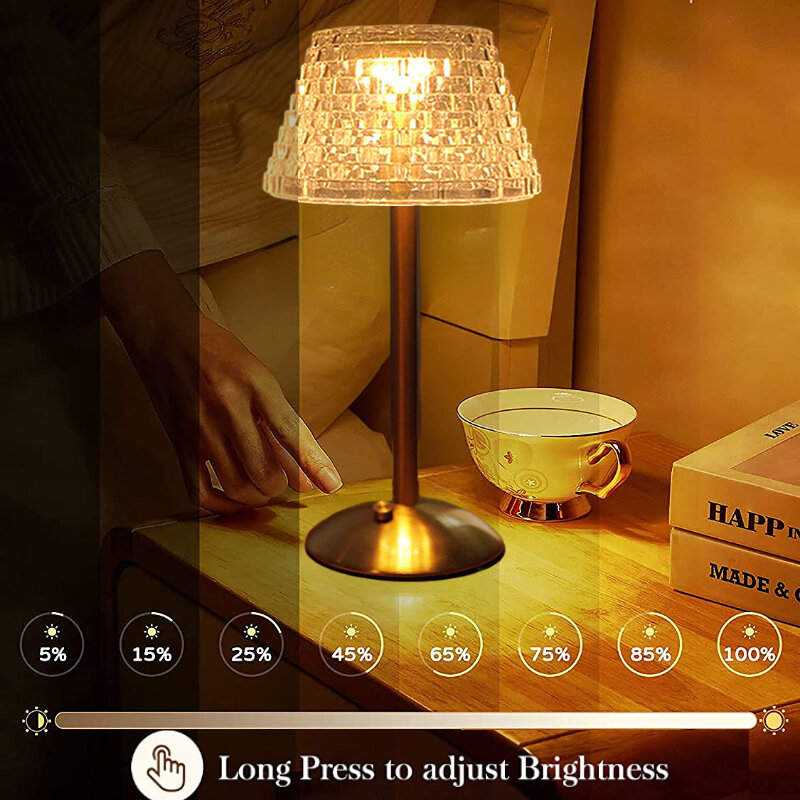 Lampu Meja Bar Dapat Diisi Ulang Sensor Sentuh Lampu Meja Kristal Nirkabel LED Lampu Malam untuk Kamar Tidur/Kopi/Dekorasi Restoran