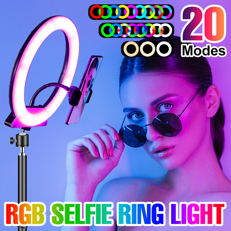 Anillo de luz LED RGB para fotografía, iluminación con ajuste de brillo, luz circular regulable, soporte de iluminación para vídeo y Selfie