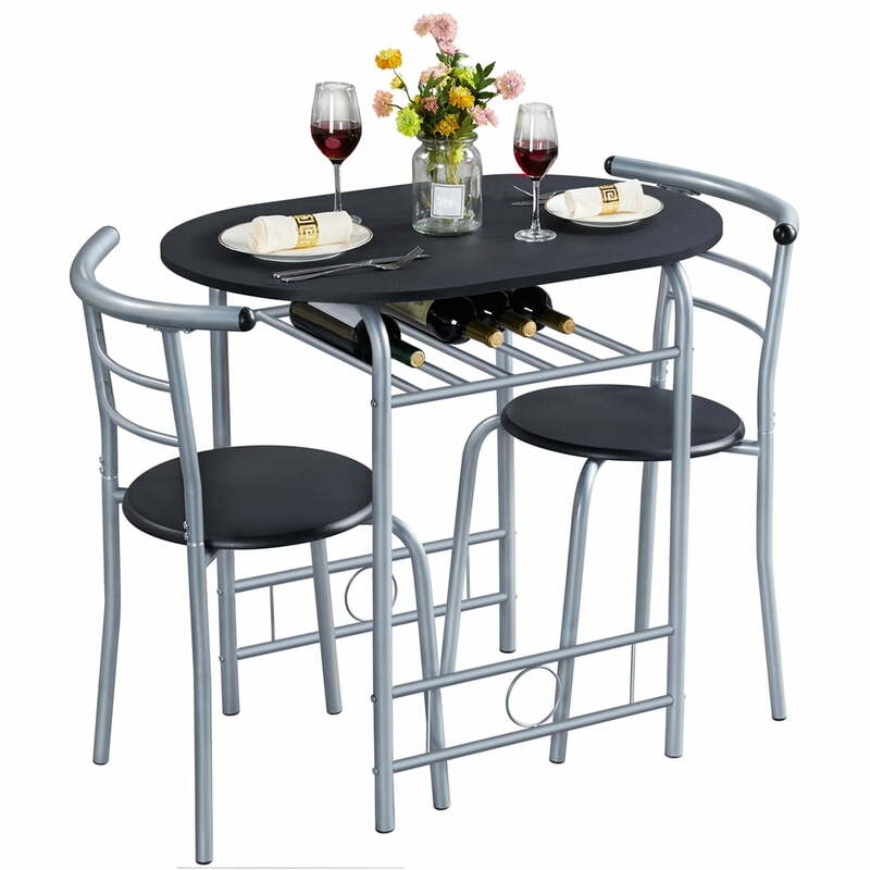 Conjunto de jantar moderno com 1 mesa redonda, 2 cadeiras para casa, preto, design de madeira, 3PCs