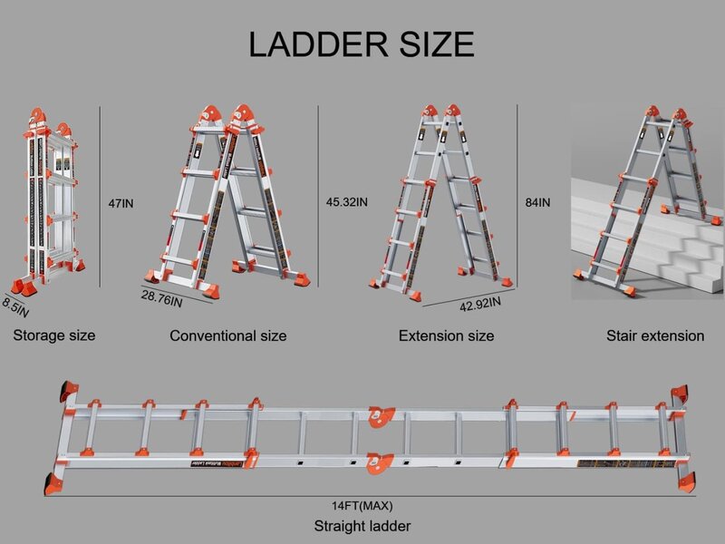 LANBITOU 사다리, A 프레임, 4 단계 사다리 익스텐션, 14 ft 미끄럼 방지, 다중 위치 및 보관 접이식 사다리, 330 lbs 보안 하중