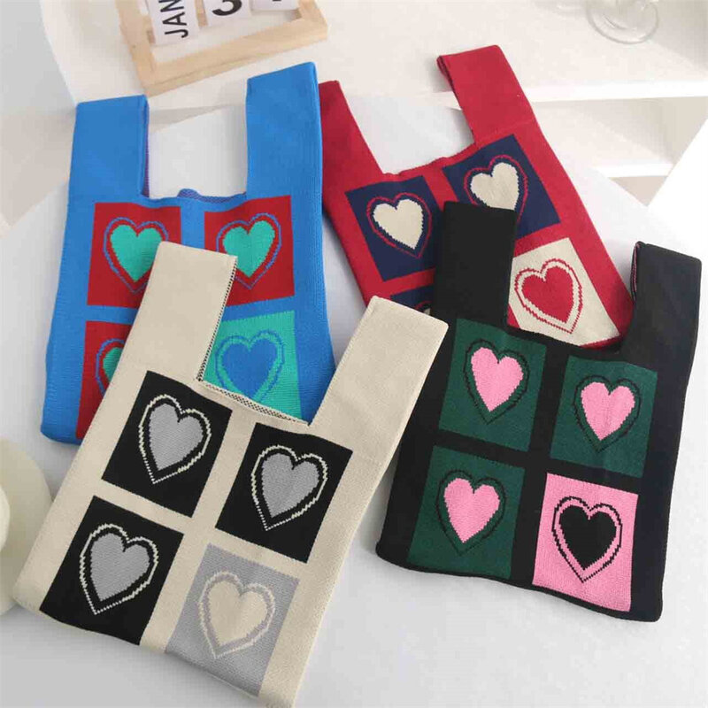 Borse lavorate a maglia fatte a mano alla moda borsa da polso Mini nodo borsa da polso in maglia a cuore colorato carino borse per la spesa riutilizzabili per ragazze