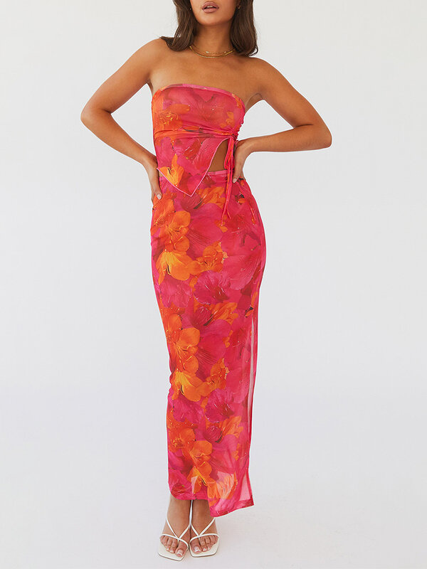 Women Summer Y2k Maxi Skirt Set Floral Irregular Drawstring Cami Top Long Split Skirt Suit Going Out Clothes
