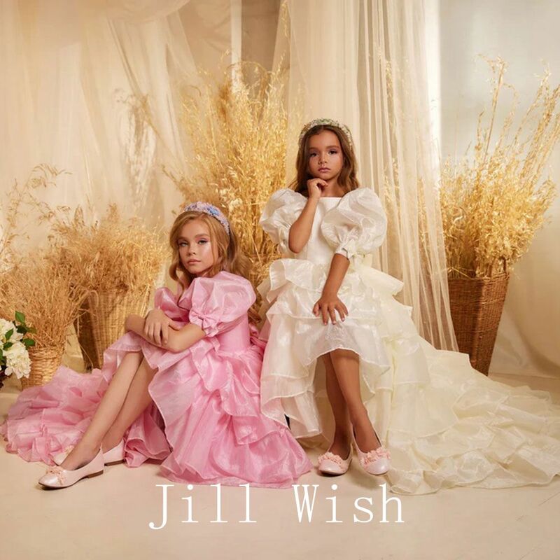 Jill Wens Elegant Bloemenmeisje Jurk Gelaagde Hi-Low Prinses Kinderen Bruiloft Verjaardag Eerste Communie Feest Evenign Jurk 2024 J275