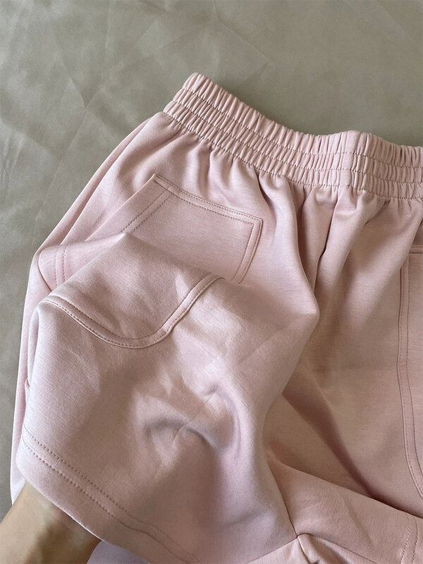 กางเกงขาสั้นสีชมพูสำหรับผู้หญิงกางเกงวอร์มขากว้างเอวสูงสไตล์ฮาราจูกุแนวสตรีท Y2k ลำลอง2000s A line กางเกงขาสั้นฤดูร้อน2023