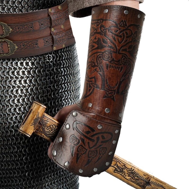 Abad Pertengahan Timbul Lengan Bracers PU Kulit Knight Lengan Gauntlets Bracer Vintage Lengan Armor Gelang Halloween-Kostum
