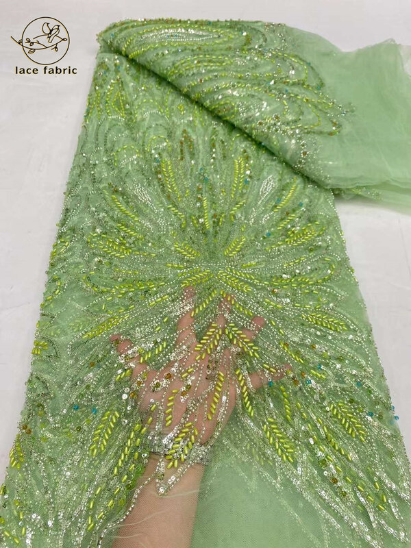Tela de encaje de tul con cuentas de lujo africano para mujer, bordado de lentejuelas francés hecho a mano, 5 yardas, vestidos de fiesta de navidad