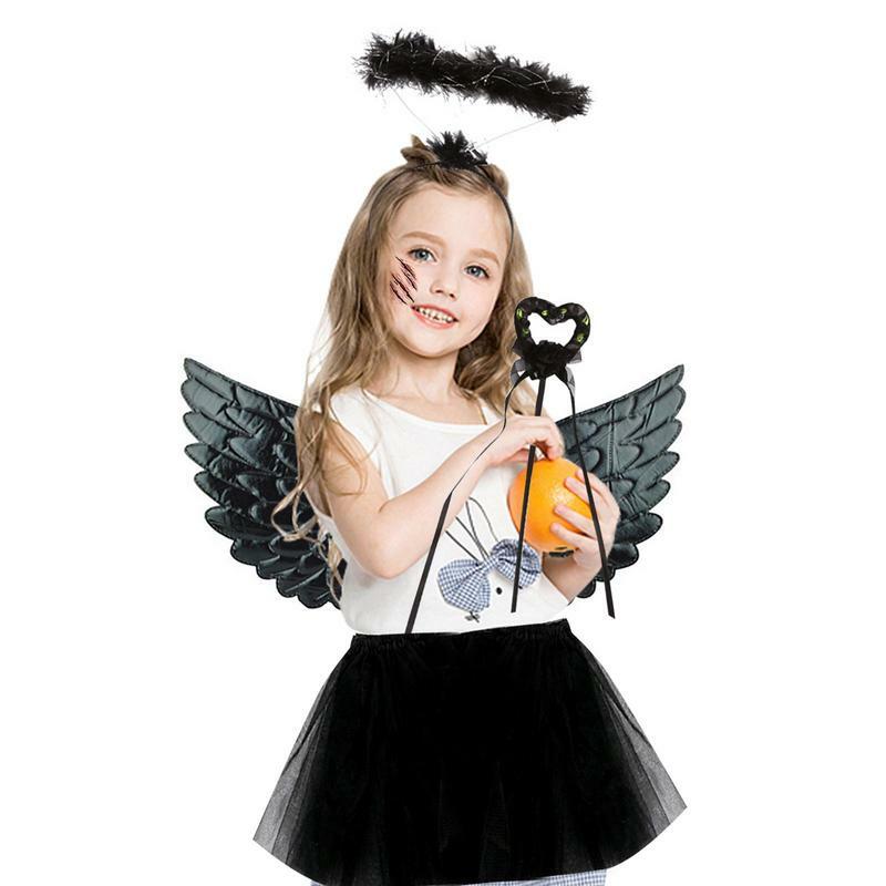 Black Angel Costume For Kids Dark Angel Devil Wings Halo Dress Kit Themed Dress Up Sets For Halloween Carnival Stage Performance