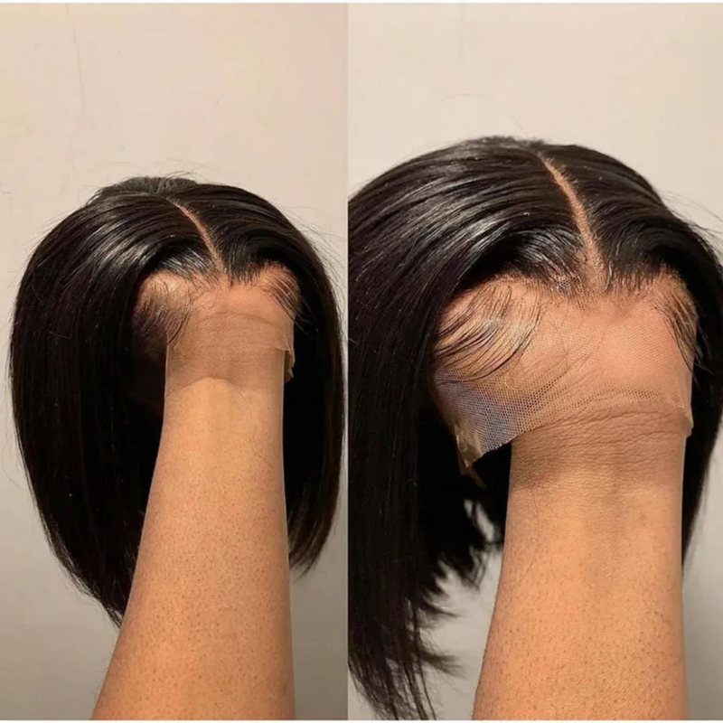 Perucas de cabelo humano de renda frontal para mulheres, 180% reta curta Bob, peruca dianteira transparente HD preta pré-cortada transparente, 13x4
