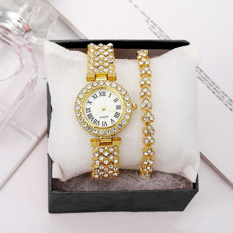 Juego de pulsera de reloj con diamantes de imitación brillantes, movimiento de cuarzo, lujoso conjunto de pulsera de reloj de pulsera, reloj de diamantes de imitación, 3 piezas por juego