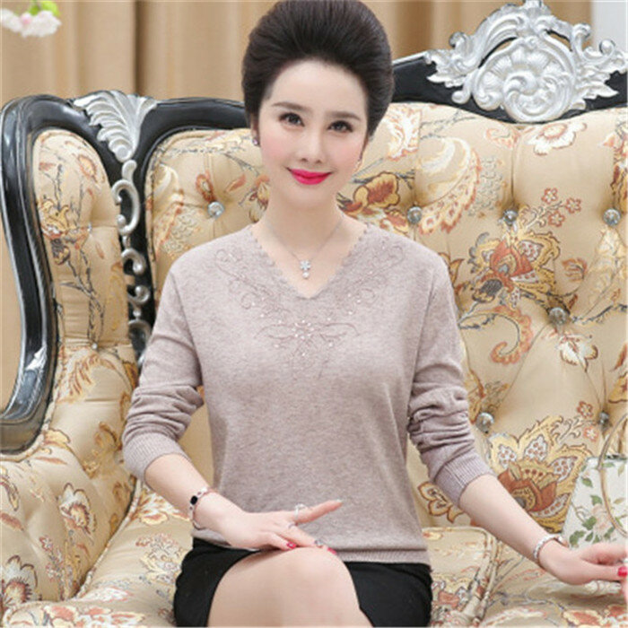 Elegant Middle-aged Mother Sweaters Pullovers Loose Long-sleeve V-neck Wool Basic Shirt Diamond Sweater  Women Knitted Tops 3XL