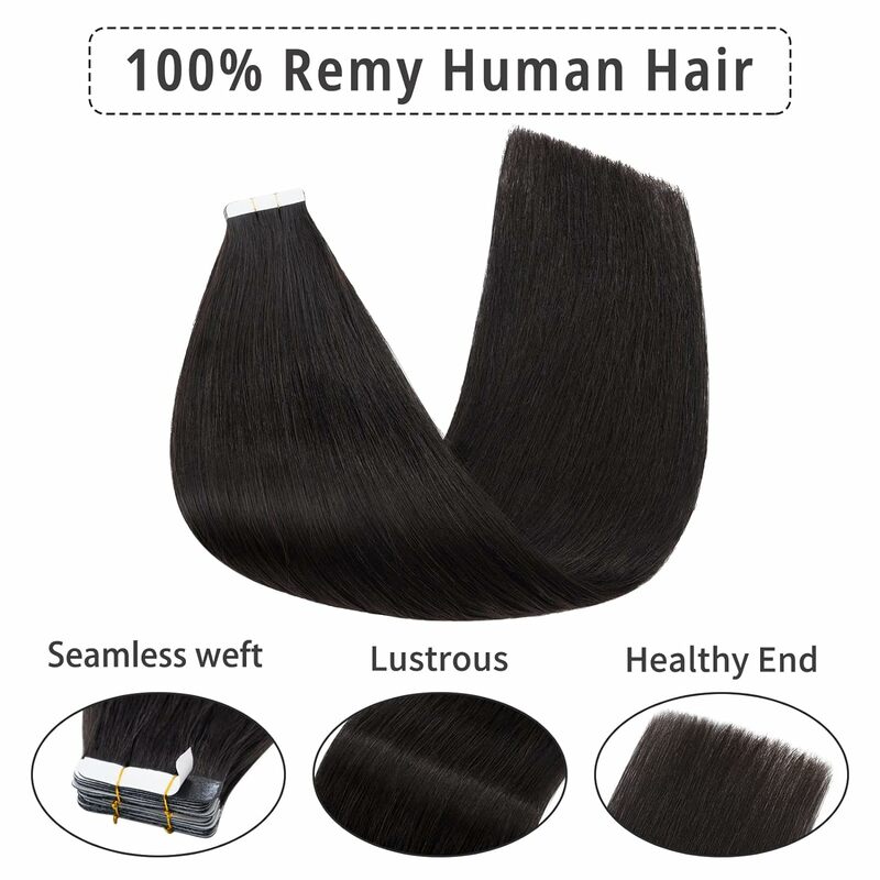 Extensions de Cheveux Naturels Lisses 100% Remy, Sans Couture, Invisible, Trame de Peau, 1B, pour Femme