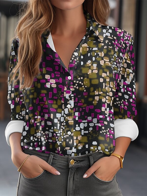 Damskie koszule i bluzki Letnia modna koszula Vintage Geometryczny Chroma Małe kwadraty i guziki Casualowe damskie koszule z długim rękawem
