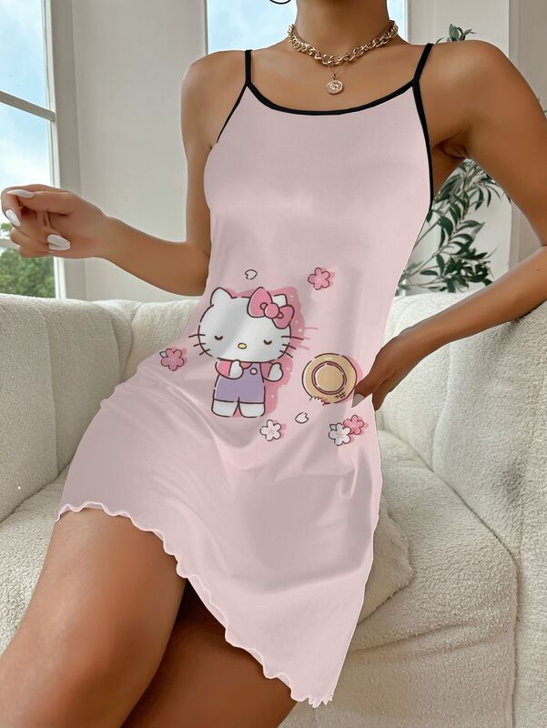 Vestido corto y elegante para mujer, minivestido de pijama con falda de satén y ribete de lechuga, cuello redondo de Hello Kitty, moda de verano, Sexy, 2024