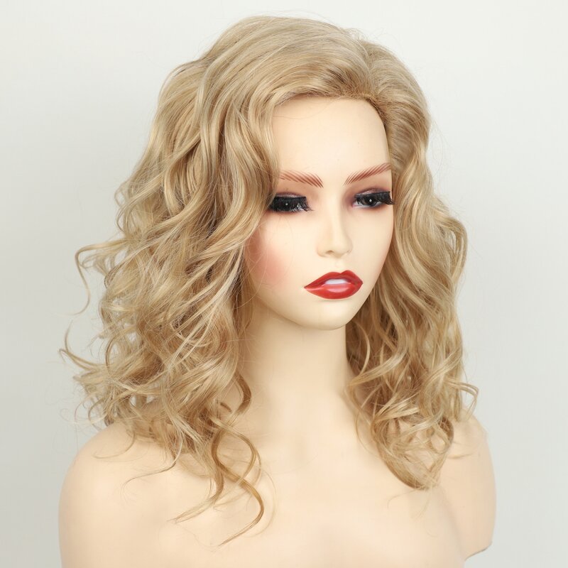 Peluca rubia sintética para mujeres blancas, pelo corto rizado de onda Natural, uso diario para fiesta de Cosplay, fibra de alta temperatura