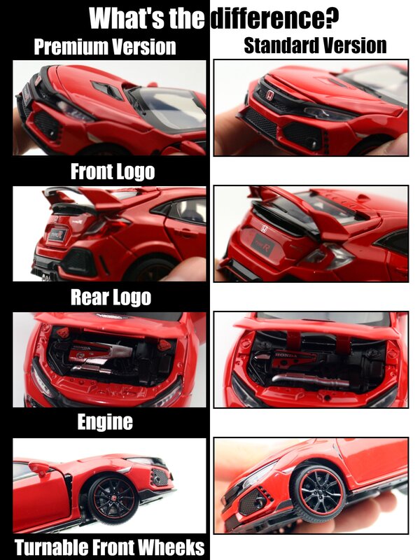 1/32 Honda Civic Type R Toy Car per bambini Diecast modello in miniatura Pull Back Doors apribile Sound Light Collection Gift Boys