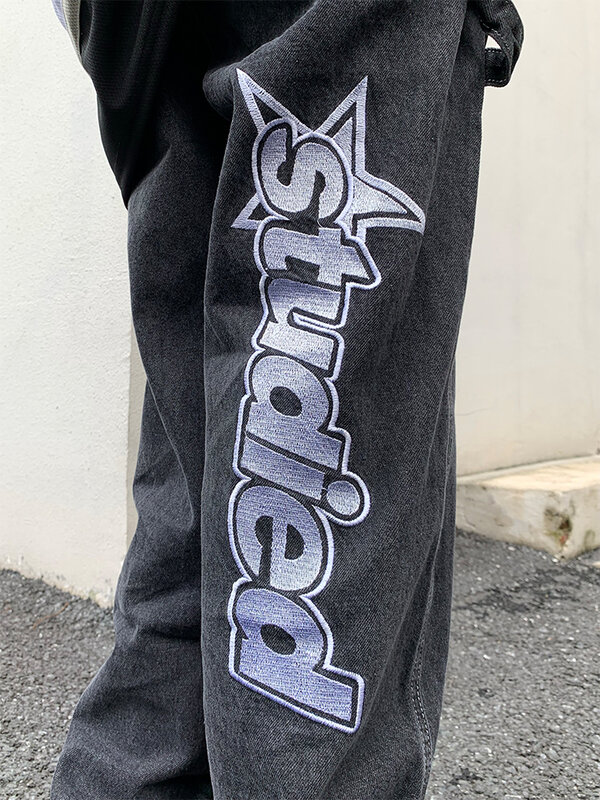 Jeans pria motif Bintang huruf y2k, celana denim gaya Amerika hip hop pinggang tinggi longgar ritsleting lurus
