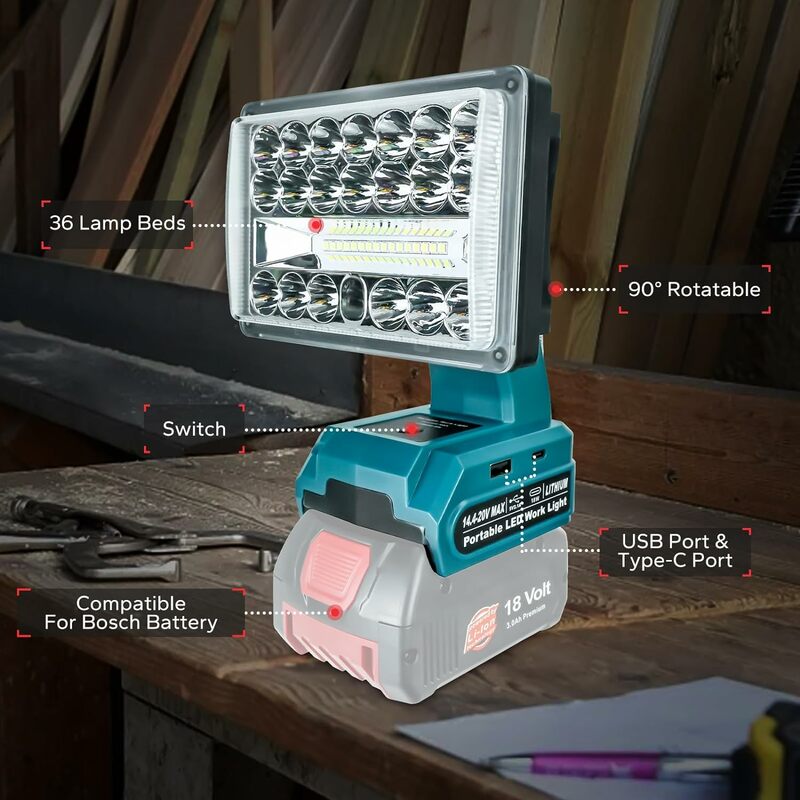 Portátil LED Luz de Trabalho para Bosch, Lanterna, Lâmpada de Inundação de Emergência, Camping Lamp, Max Lithium Battery, 14.4-20V, 2000LM