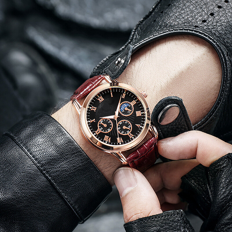 Luxury Men's Quartz Watches Leather Strap Three Eyes Fashion Multifunctional Business Wristwatches Sport Quartz Wristwatches