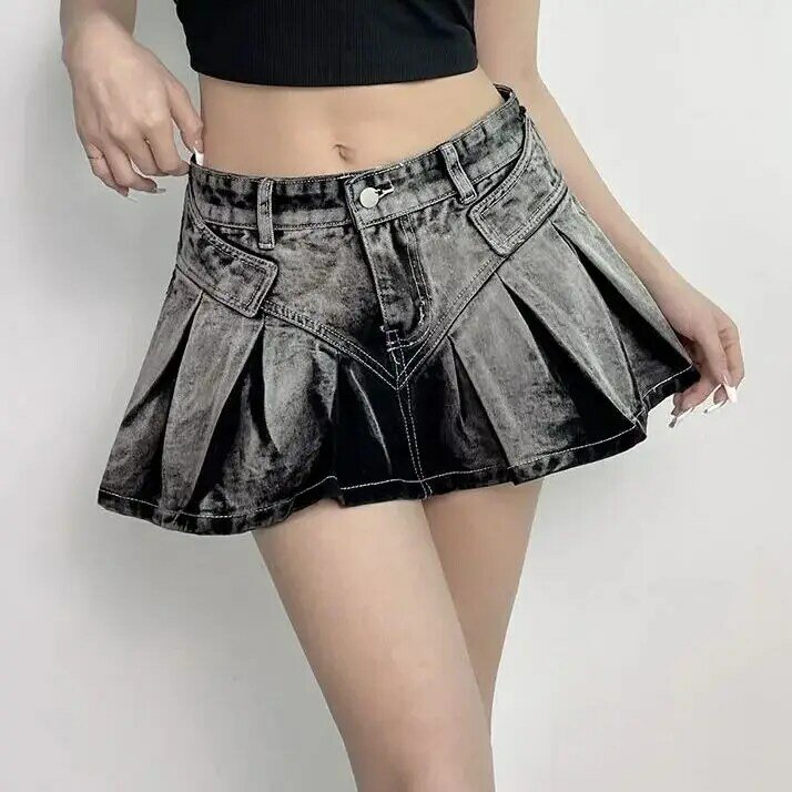 Minissaia jeans de cintura alta feminina, cinza lavada, gradiente, plissada, linha A, cintura alta, nova moda, verão, 2024