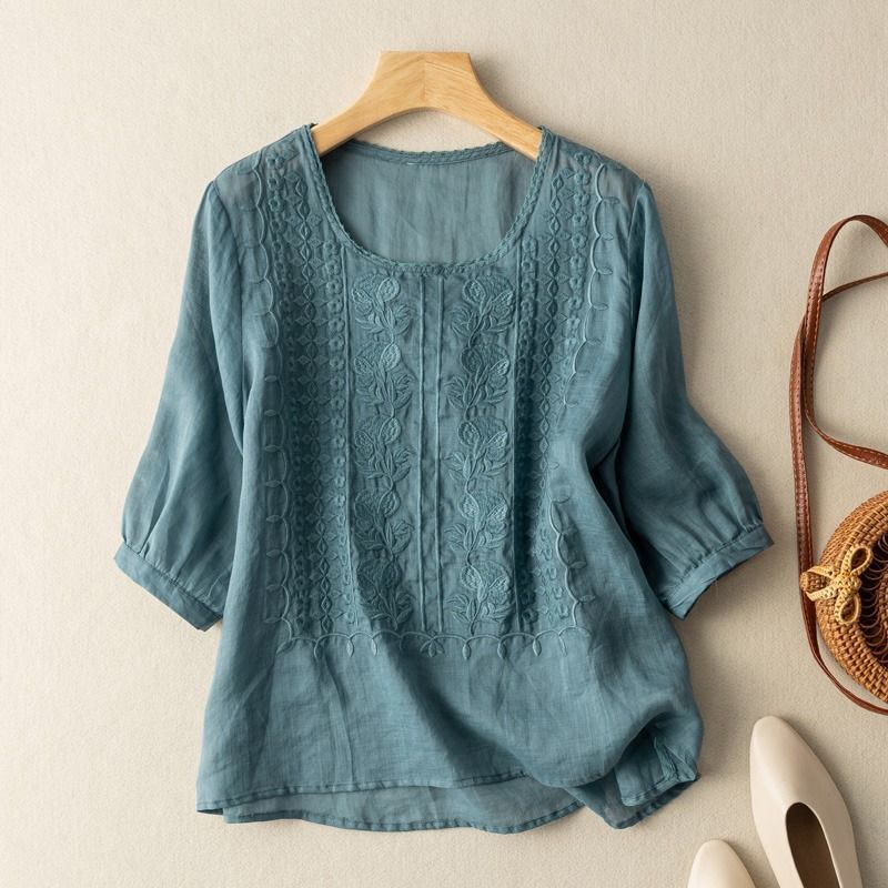 Summer 2024 New Short Sleeve Cotton Linen Shirt Women's Commute Solid Color Button Spliced Loose Pullover Round Neck Casual Tops