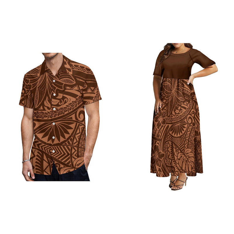 2024 baru gaun leher bulat Lengan Medium wanita kemeja lengan pendek Hawaii pasangan pakaian Polinesia gaya momok