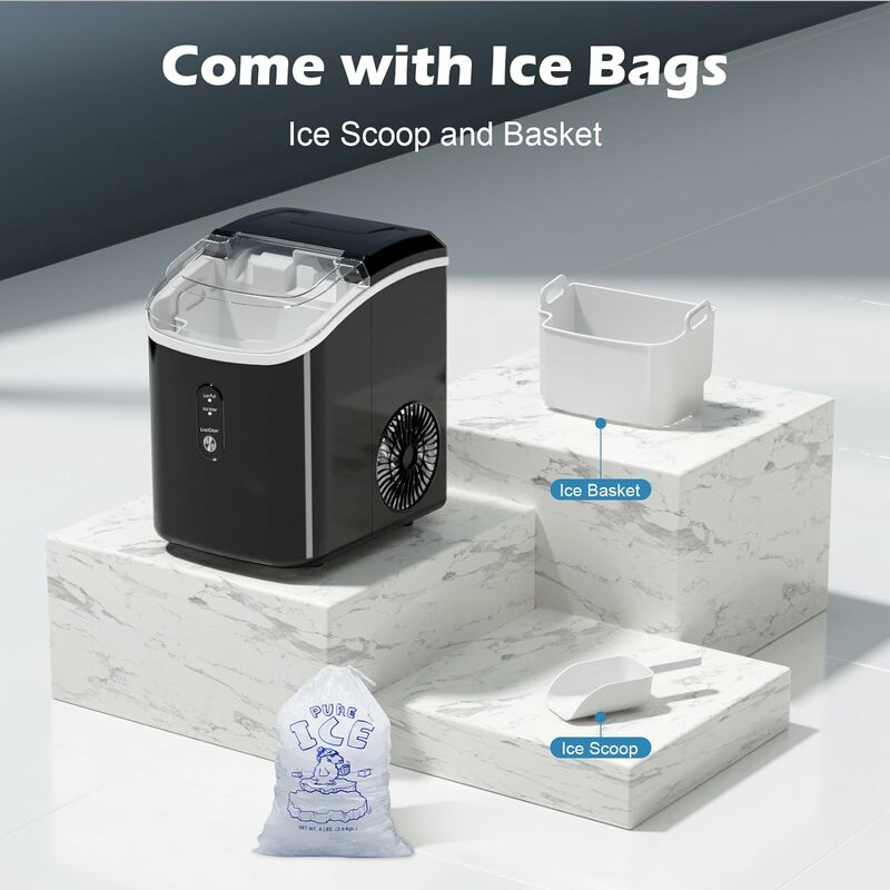 Meja pembuat es, pembuat es sonik untuk menghancurkan portabel, pembuat es pembersihan sendiri, 7 menit es kunyah lembut, 34 lbs/24 jam