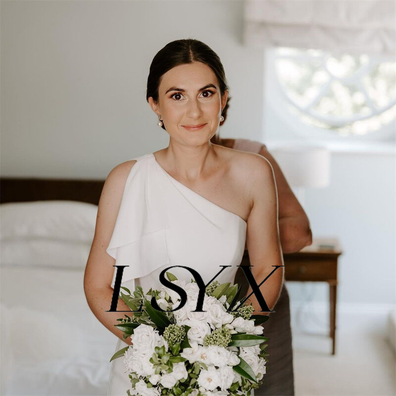 LSYX gaun pengantin sederhana tanpa lengan, gaun pengantin panjang lantai kancing belakang ritsleting untuk wanita
