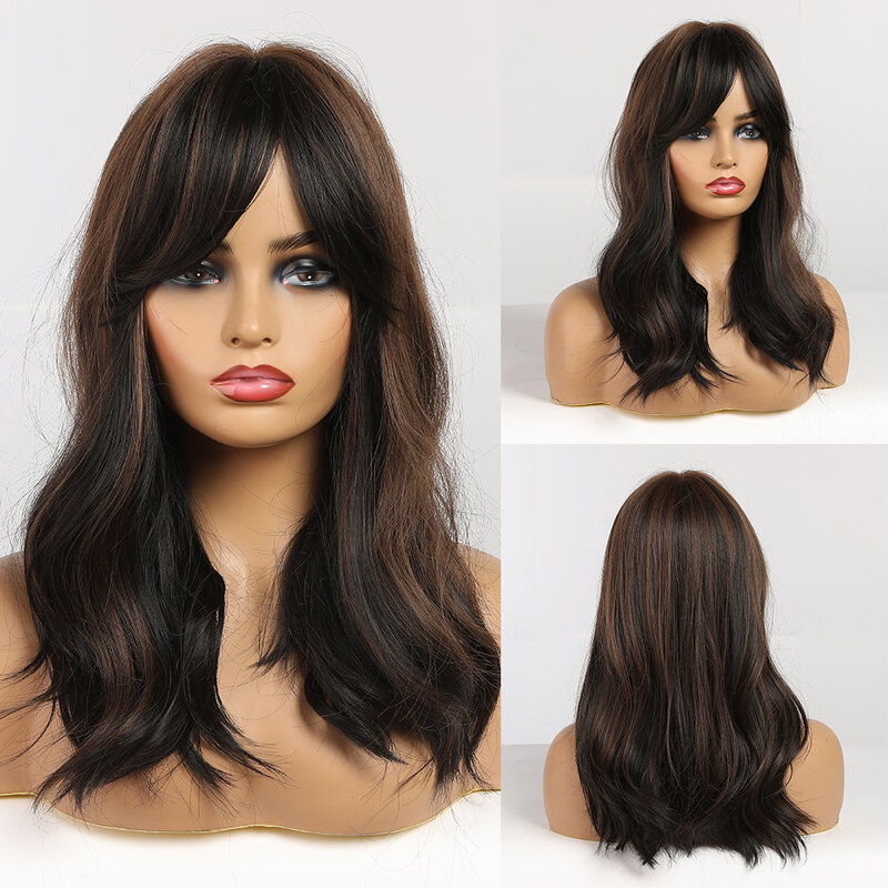Peruca de cabelo ondulado natural para mulheres, peruca encaracolada, comprimento tridimensional do ombro, em camadas pretas, comprimento médio