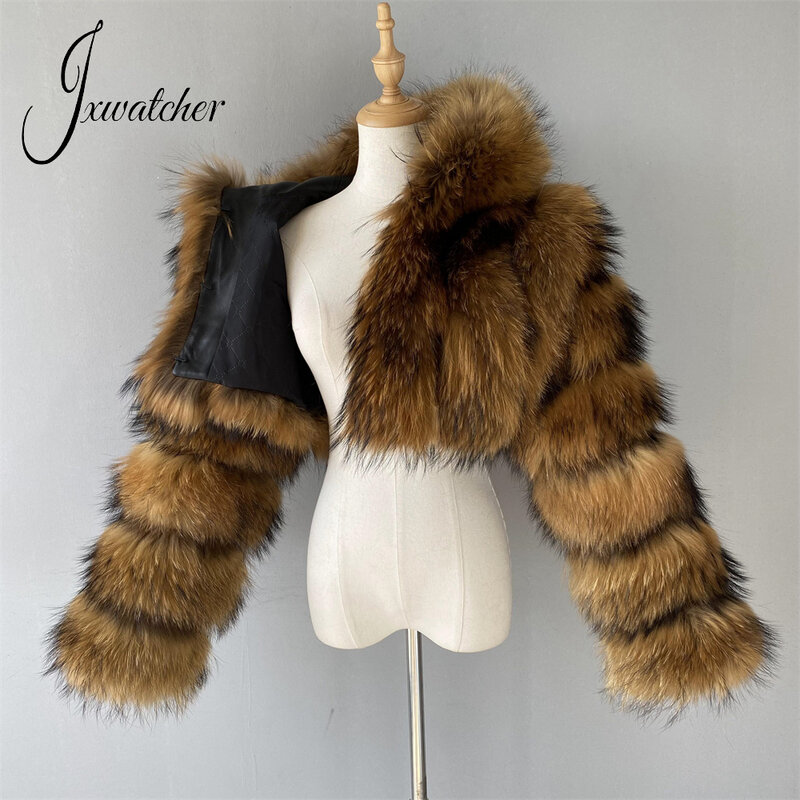 Jxwater-女性用の本物のアライグマの毛皮のコート,秋冬のファッション,短い毛皮のジャケット,女性用のフルスリーブの暖かい服