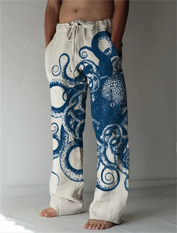 กางเกงผู้ชายฤดูร้อนกางเกงลำลองพิมพ์ลายปลาหมึกสีดำ3D สบายๆกางเกงขาทรงกระบอกผู้ชาย