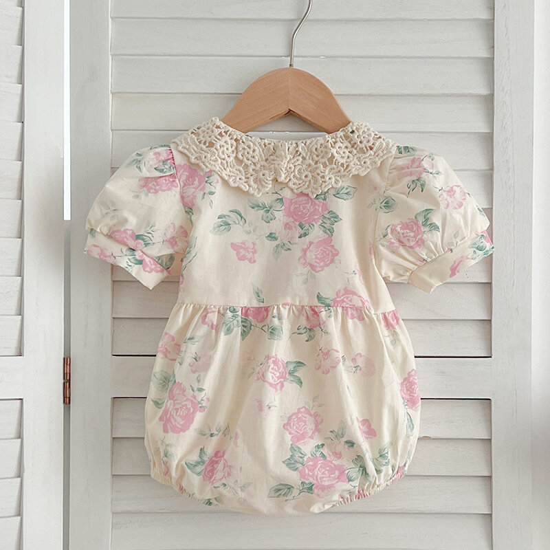 2024 New Summer Children Clothes Infant Baby Girls Bodysuits Short Sleeved Cotton Print Lace Splicing Toddler Baby Jumpsuit