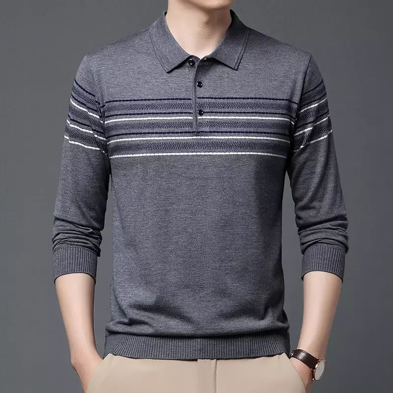 Мужской простой Повседневный пуловер с вышивкой с лацканами, вязаная футболка, Базовая рубашка