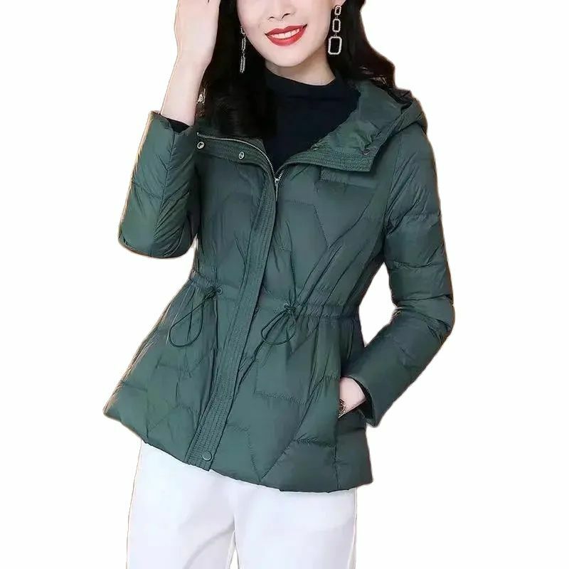 Mantel katun pendek wanita, Luaran Parka berkerudung longgar, warna murni musim dingin 2024