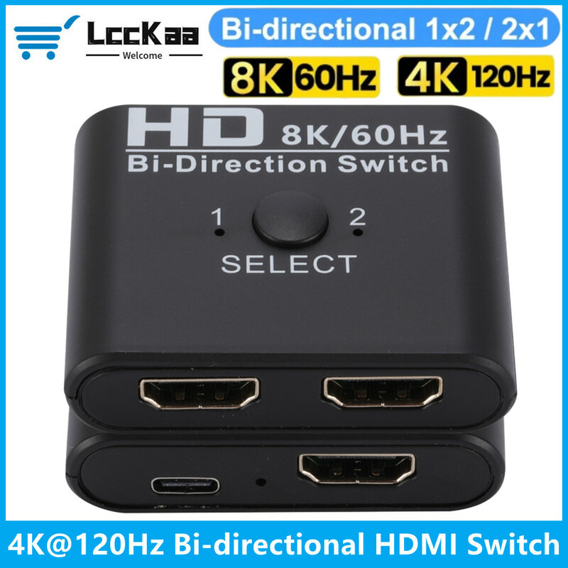 양방향 HDMI 스위치 분배기, TV 박스 프로젝터 PS3/4 Xbox용, 양방향 HDMI 4K 120Hz 스위처 선택기, 8K 60Hz, 1x2, 2x1