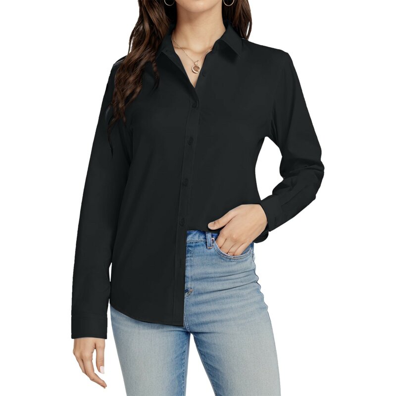 女性用ボタンダウン長袖シャツ、単色ストレッチドレスシャツ、単色作業ブラウス、半袖