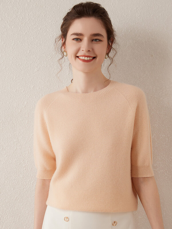 女性用半袖Tシャツ,ラウンドネック,柔らかく薄いカシミヤセーター,韓国スタイル,春,夏,100%