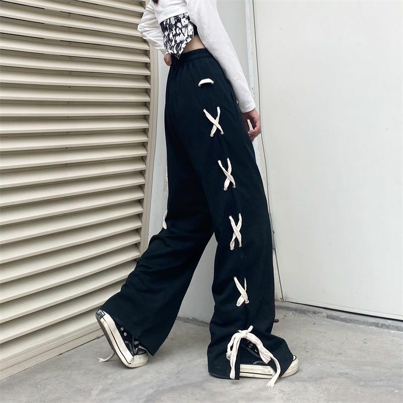 تصميم أسود فضفاض ضمادة مستقيم بنطلون واسع الساق المرأة عادية ملابس الشارع الشهير Harajuku فضفاضة عالية الخصر جيوب السراويل الملابس