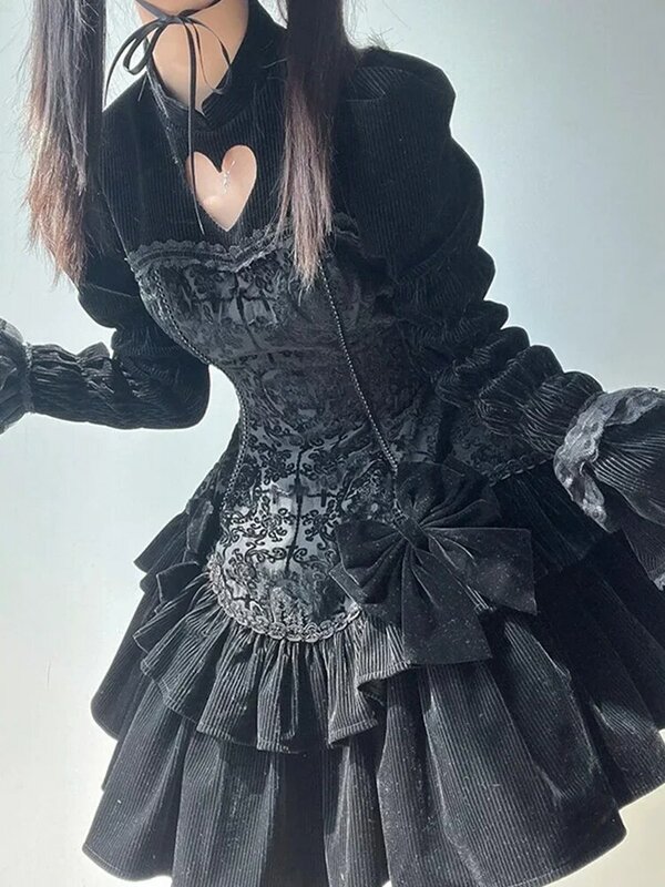 Dark Gothic Lolita Flocking Dress OP Lolita Hollow Out Sweet Cool Bunny Halloween Princess Dress