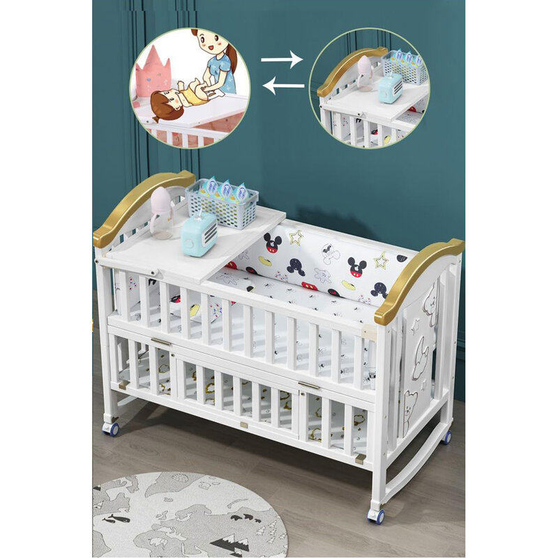 Kołyska dla dziecka z moskitierą z drewna 1.2 M i stół z pieluchami, zestaw pościeli, łóżko boczne, łóżeczko dziecięce