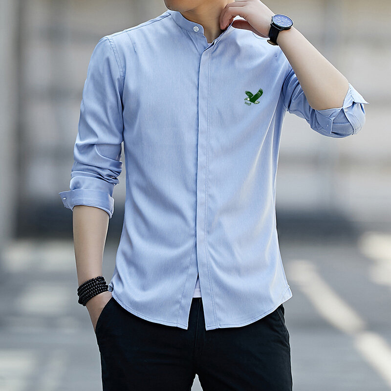 Camisa de algodão respirável confortável masculina, camisa xale, todo o jogo, design de moda