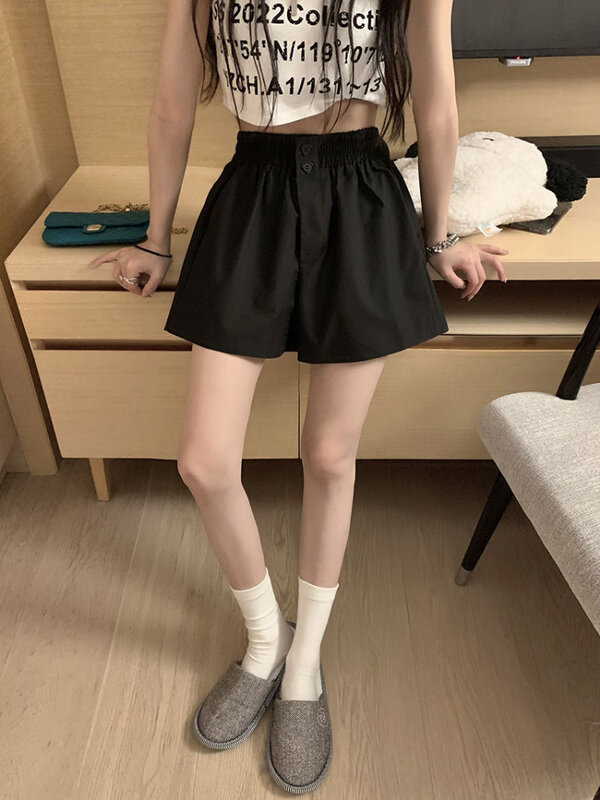 Шорты женские повседневные с высокой эластичной талией, однотонные модные Универсальные свободные в Корейском стиле для студентов, простые шикарные для подростков в стиле Харадзюку