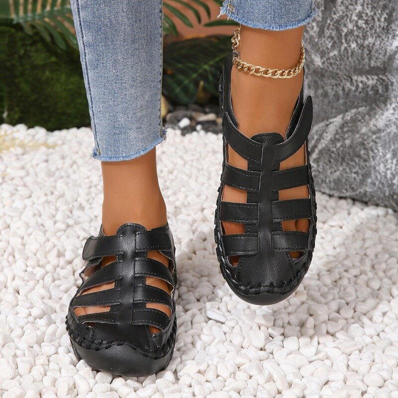 2024 Women's Shoes Fashionable Baotou Wedge Thick-soled Sandals Elegant Women's Retro Roman Hollow Sandals Slip-on Beach Shoes