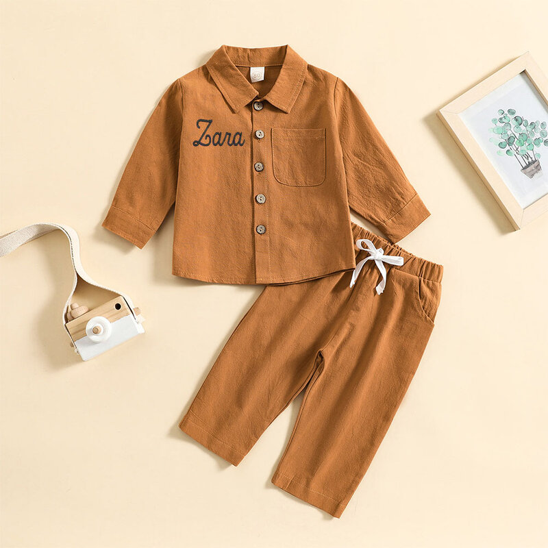 Personalizzato primavera autunno tinta unita cotone lino in piedi camicia collo ricamato Casual Comfort pantaloni a maniche lunghe Set di due