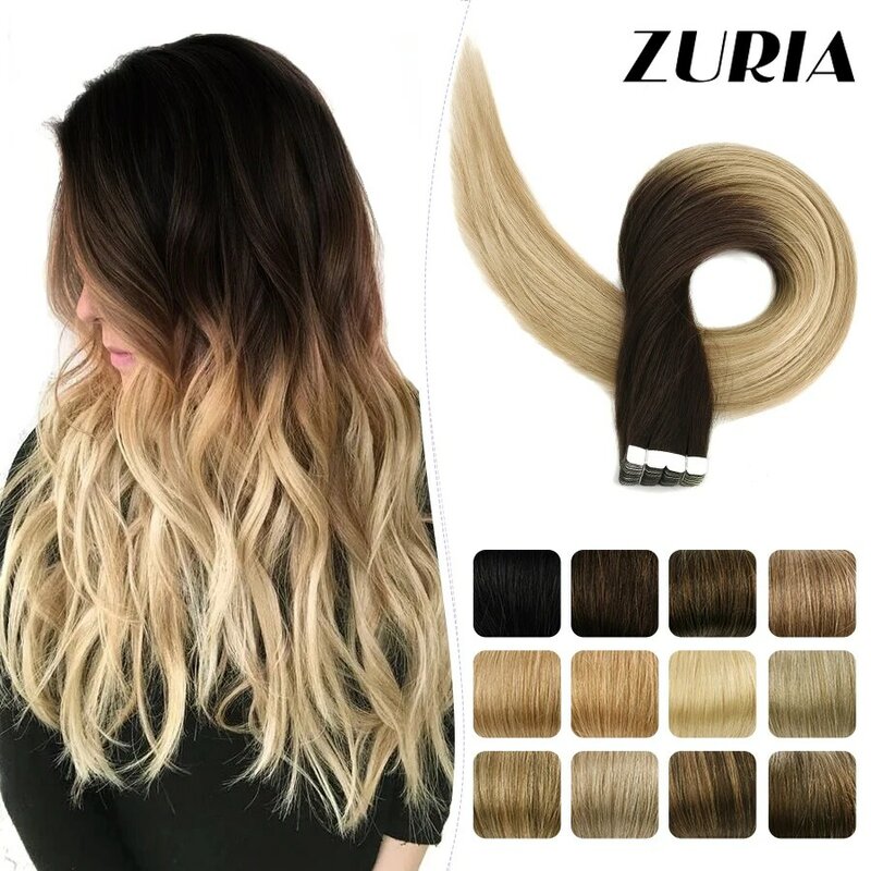 ZURIA pita rambut lurus Mini, ekstensi rambut manusia, perekat pakan kulit tidak terlihat 16 "rambut palsu asli alami untuk wanita