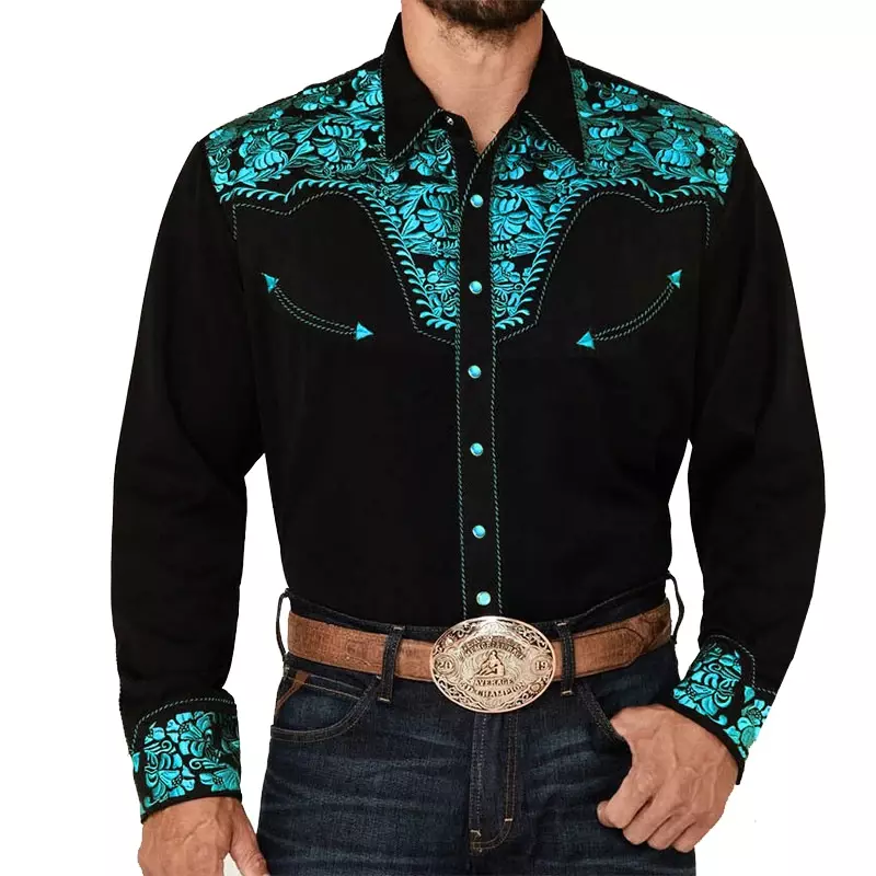 Men's Casual Long-sleeved Shirt Retro Printed Lapel Slim Button Dress Shirt Daily Street Party Shirt Photography Clothing