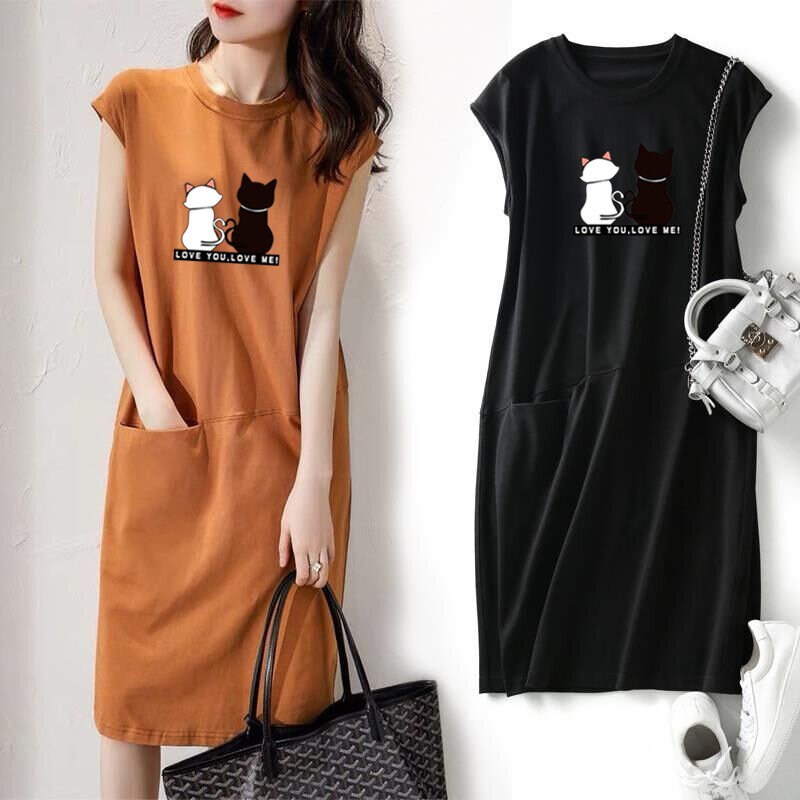 Женское летнее платье с принтом кошки, корейская модная Эстетическая одежда, повседневная Уличная одежда, черные свободные платья-миди для женщин, 2023